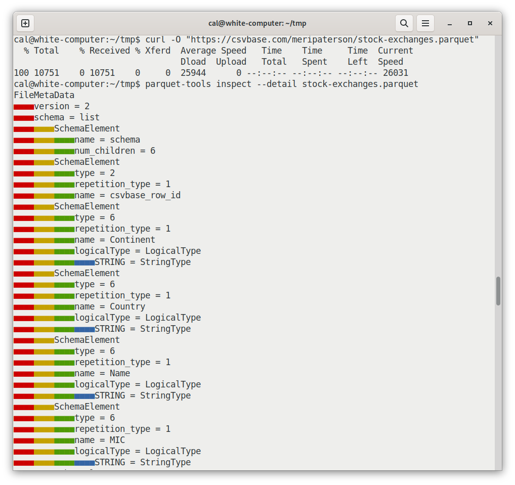 screenshot of parquet-tools output