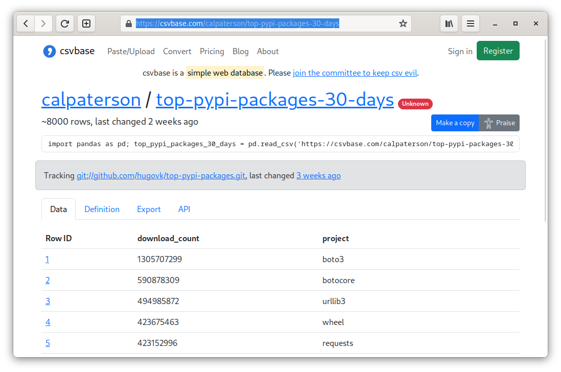 screenshot of a csvbase table tracking a github
file