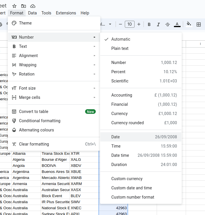 screenshot of setting the cell formatting to "Date"